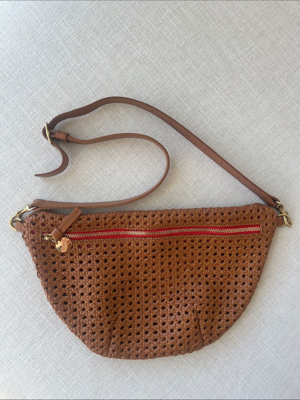 Clare V Woven Tan Crossbody with Red Zip